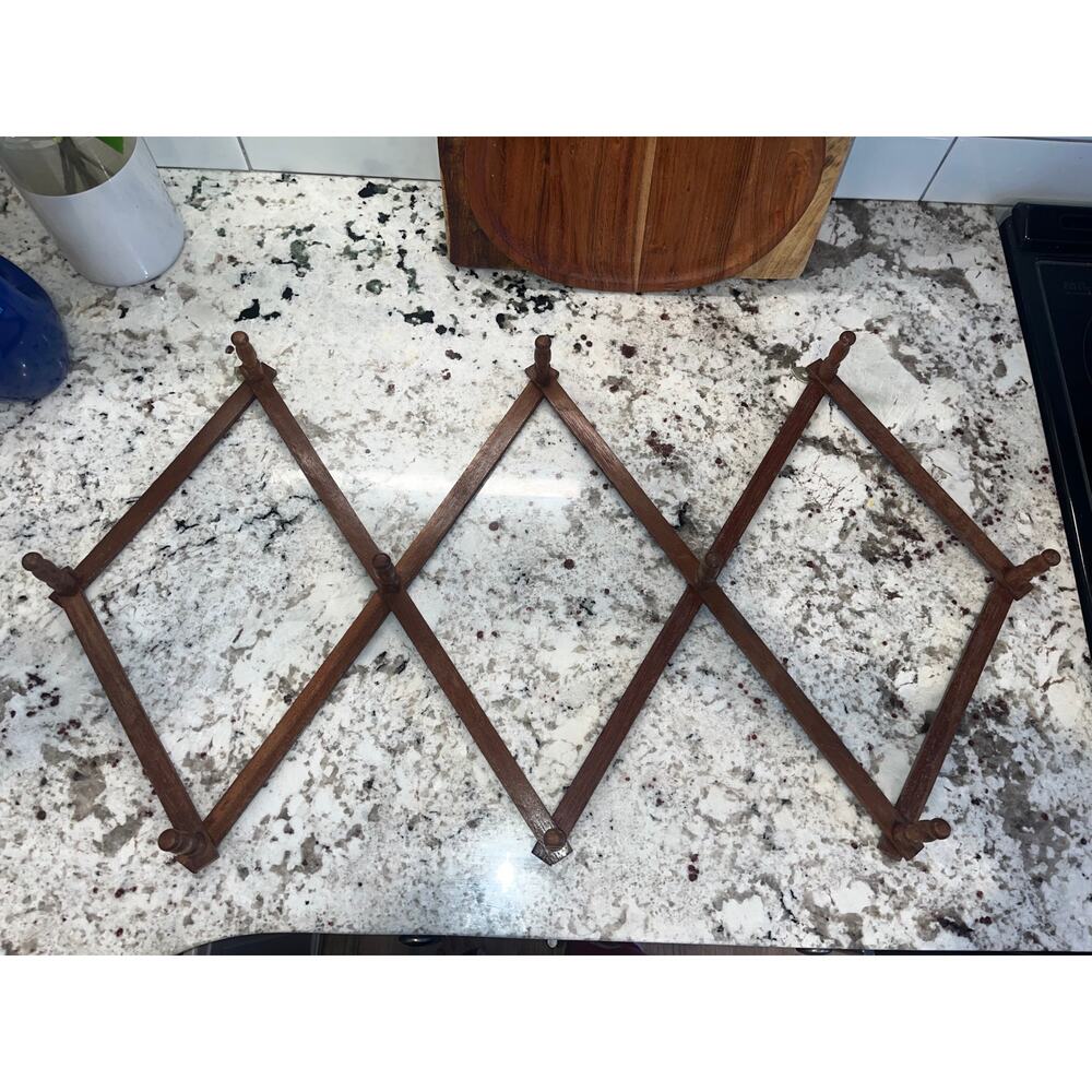 Vintage Wooden Accordion Folding Coat Hat Rack Expandable Wall Mount